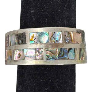 Vintage Abalone Shell & Metal Alpaca Inlaid Southwest Mosaic Cuff Bracelet 7.5”